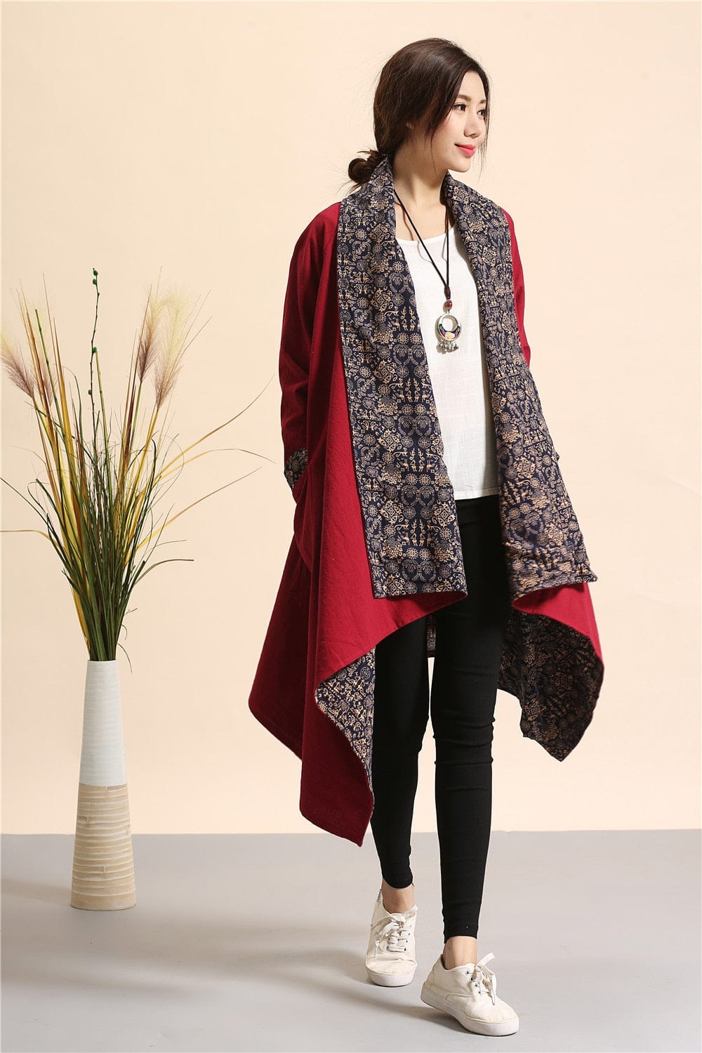 Red Reversible Cotton Linen Cardigan
