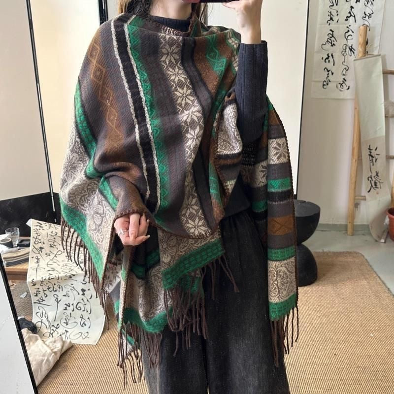 Ethnic Striped Tassel Scarf