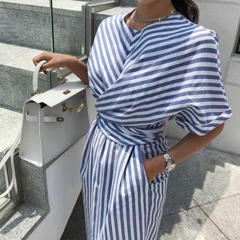 Blue and White Striped Bandage Dress