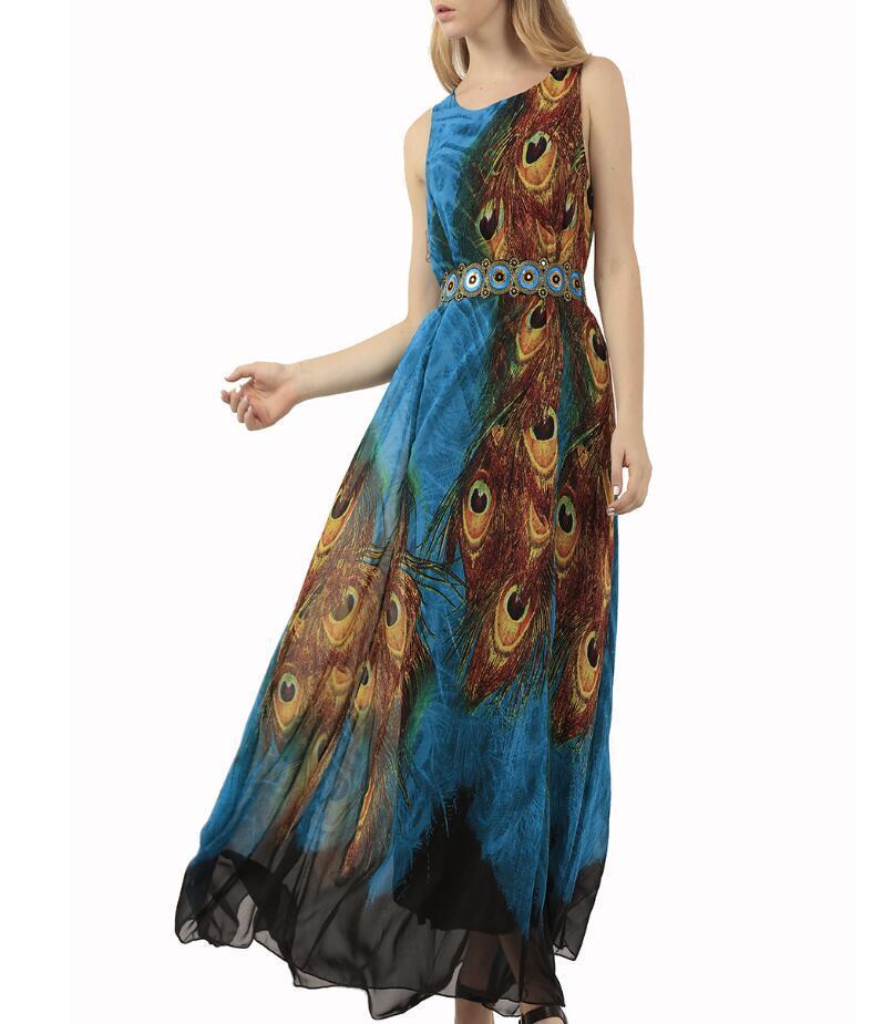 Blue Peacock Chiffon Boho Maxi Dress