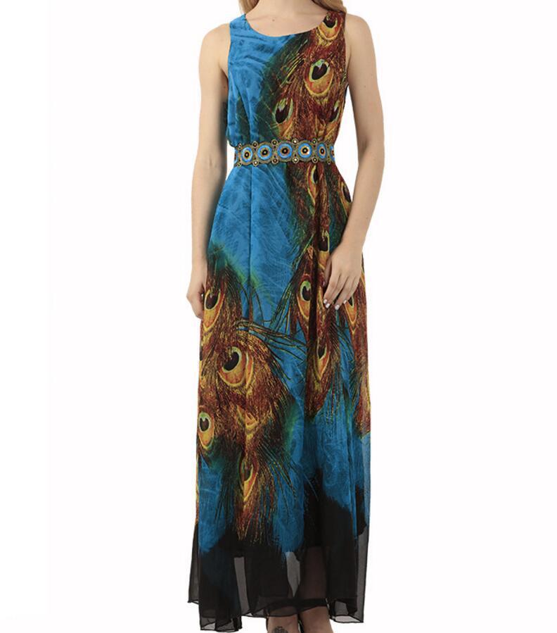 Blue Peacock Chiffon Boho Maxi Dress