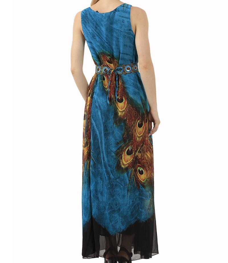 Blue Peacock Chiffon Boho Maxi Dress