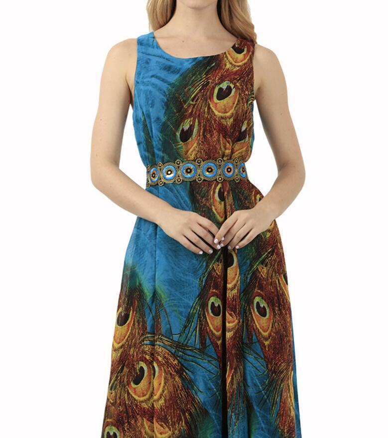 Blue Peacock Chiffon Boho Maxi Dress