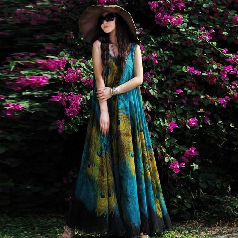 Blue Peacock Chiffon Boho Maxi Dress