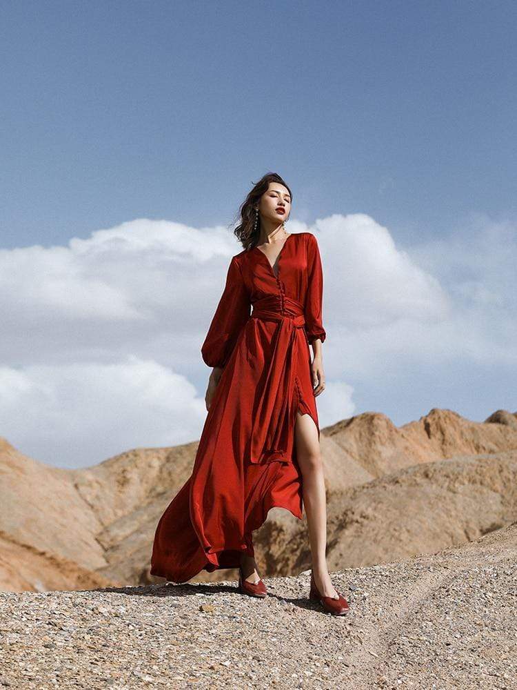 Boho Lantern Sleeve Red Dress | Mandala