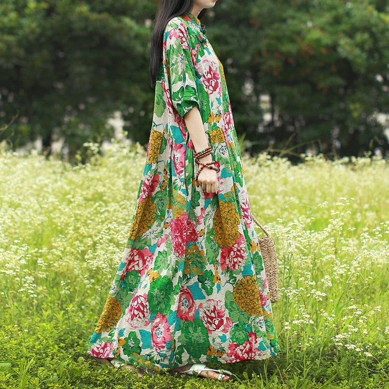 Floral Pleated Chinese Dress