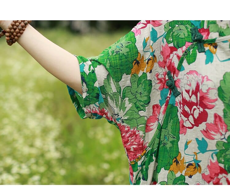 Floral Pleated Chinese Dress