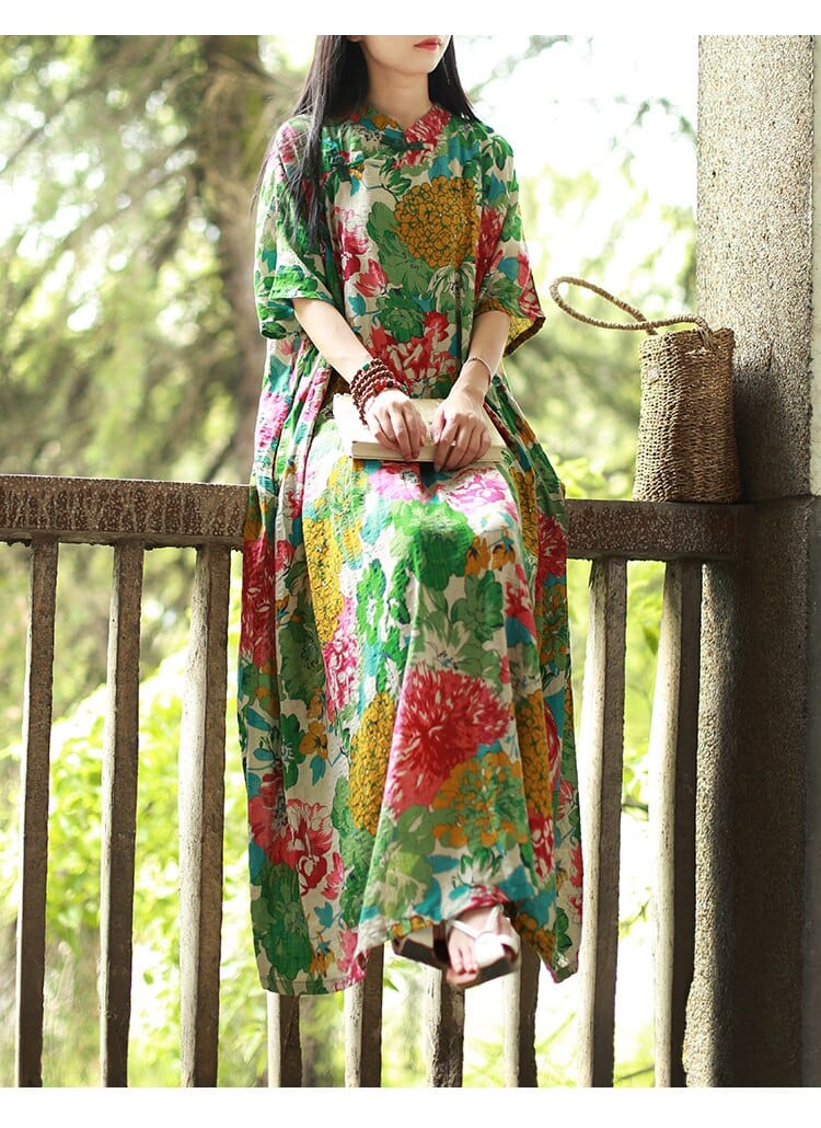 Floral Pleated Chinese Dress