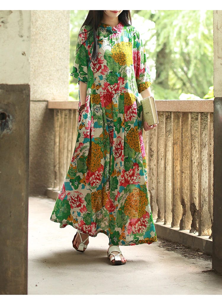 Floral Pleated Chinese Dress