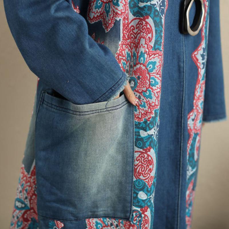 Flash Patchwork Denim Dress With Large Pockets