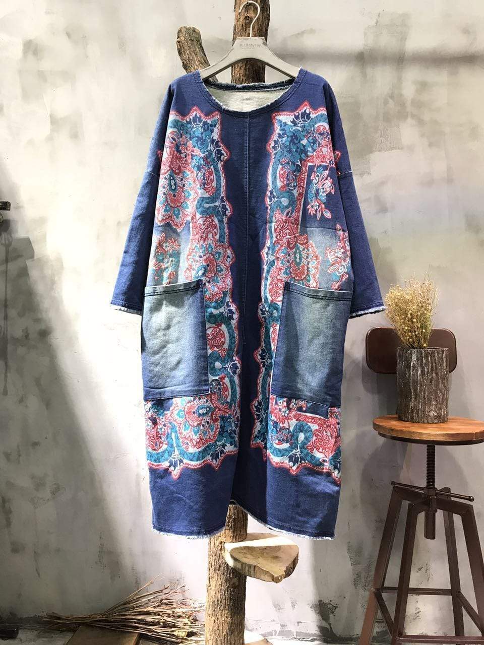 Flash Patchwork Denim Dress With Large Pockets