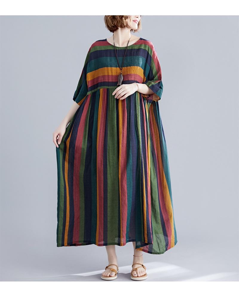 Retro Rainbow Striped Loose Dress