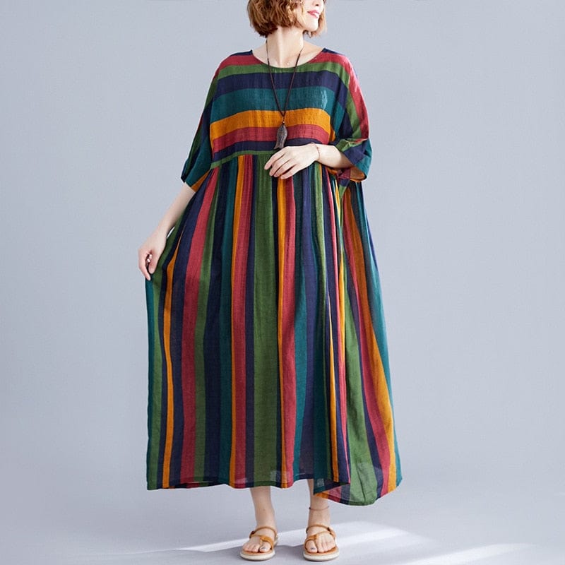 Retro Rainbow Striped Loose Dress