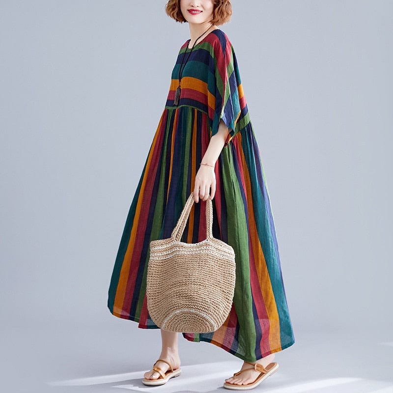 Retro Rainbow Striped Loose Dress