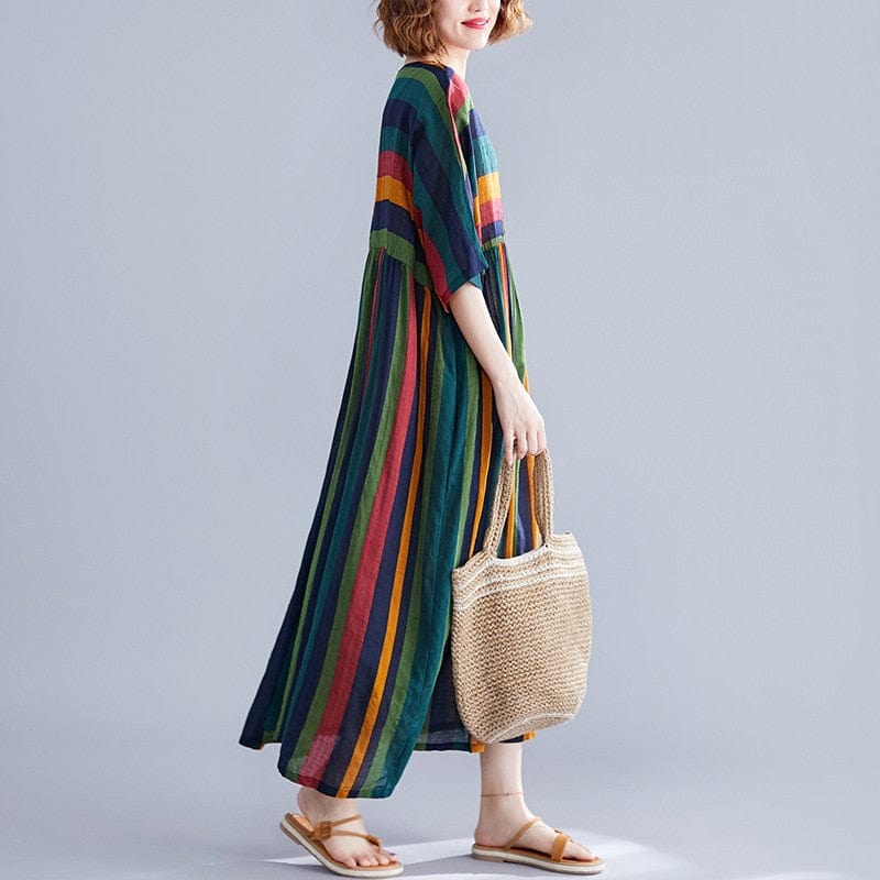 Retro Rainbow Striped Loose Dress