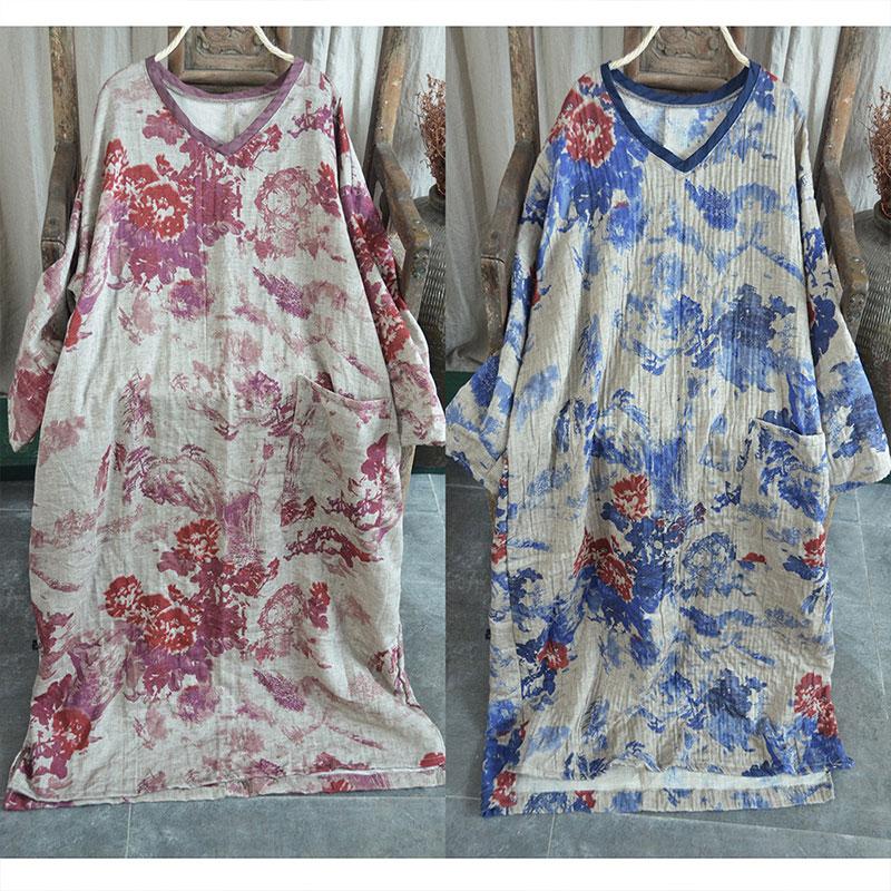 National Chinese V-neck Cotton Linen Dress