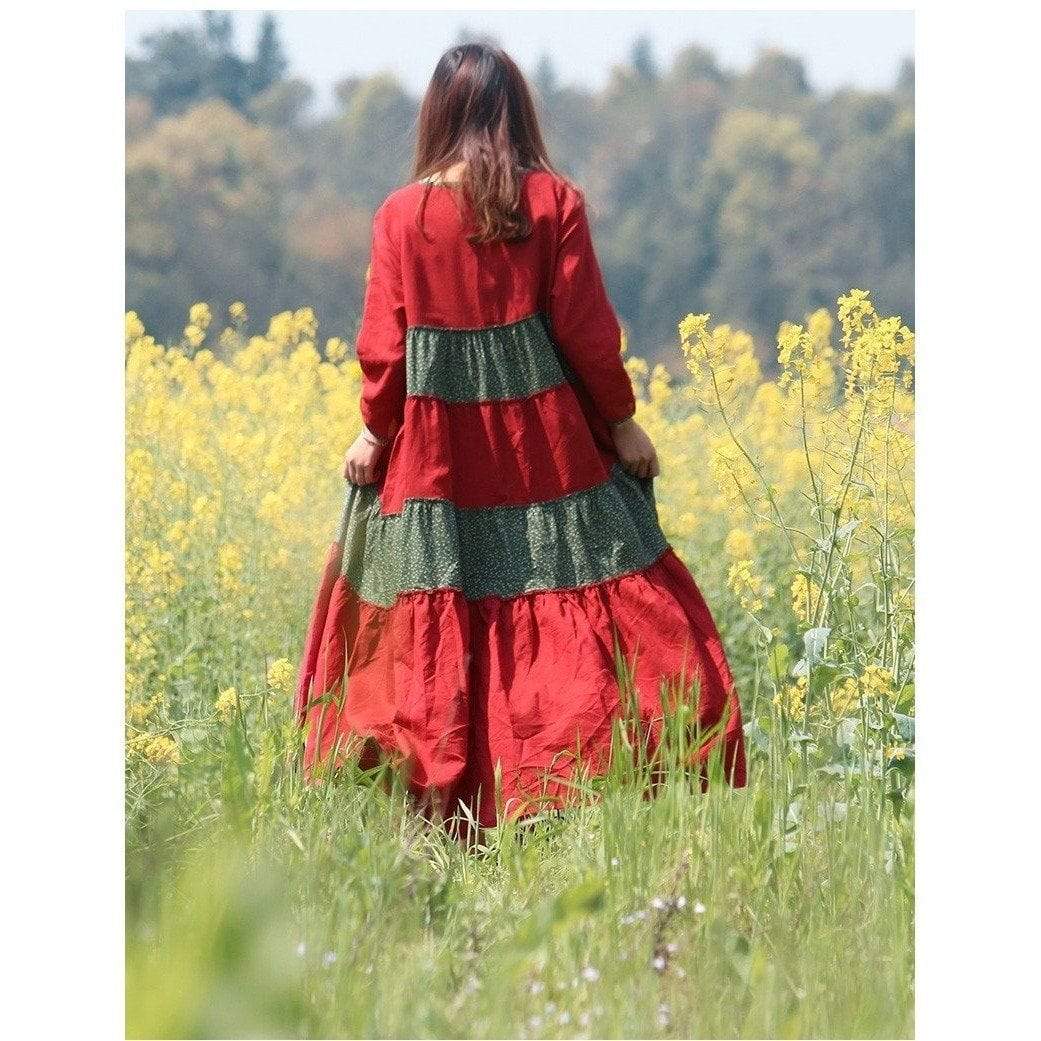 Red and Green Franfreluche Bohemian Hippie Dress