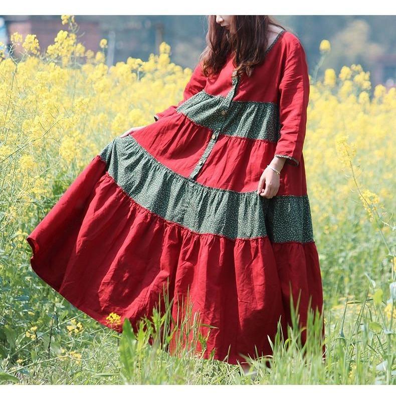 Red and Green Franfreluche Bohemian Hippie Dress