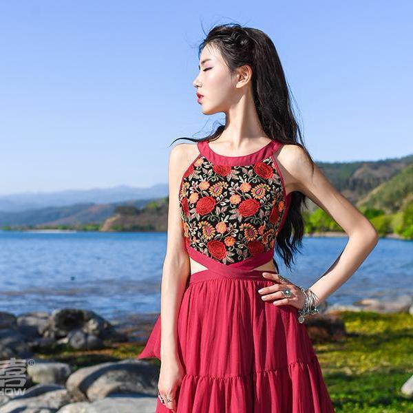 Red Bohemian Chiffon Maxi Dress | Mandala