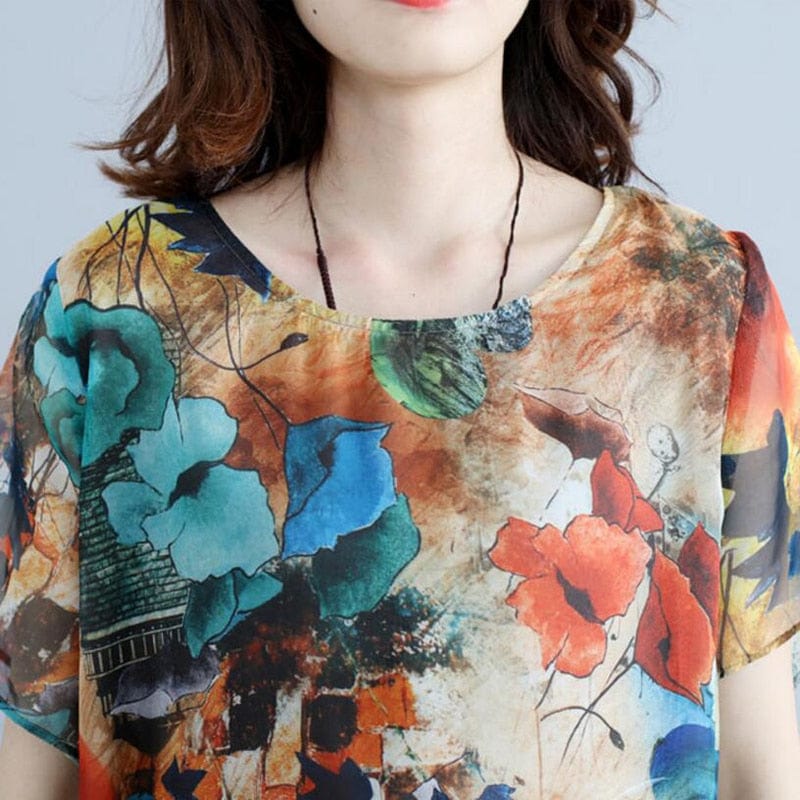 Short Sleeve Floral Chiffon Dress