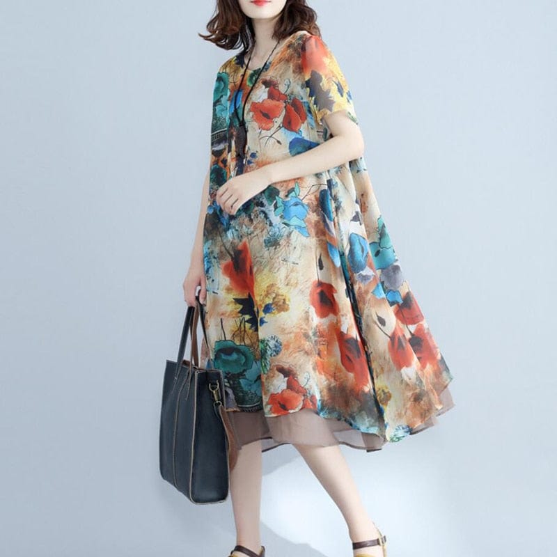 Short Sleeve Floral Chiffon Dress