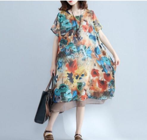 Short Sleeve Floral Chiffon Dress