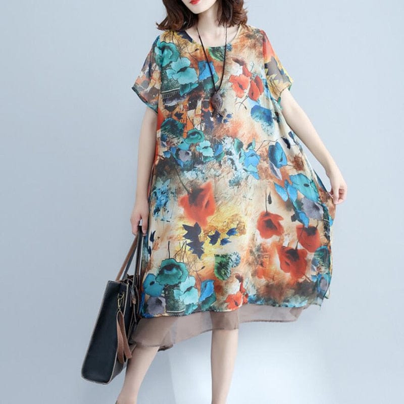 Short Sleeve Floral Chiffon Dress