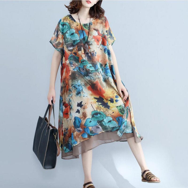 Short Sleeve Floral Chiffon Dress