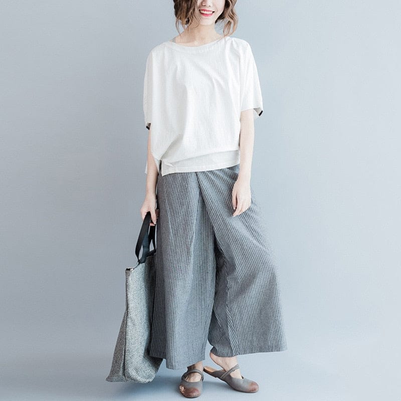 White and Grey Striped Wide Leg Pants