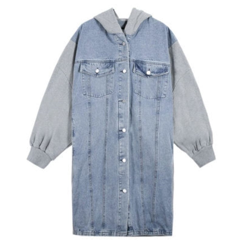 Long Hooded Denim Jacket With Sweater Sleeves