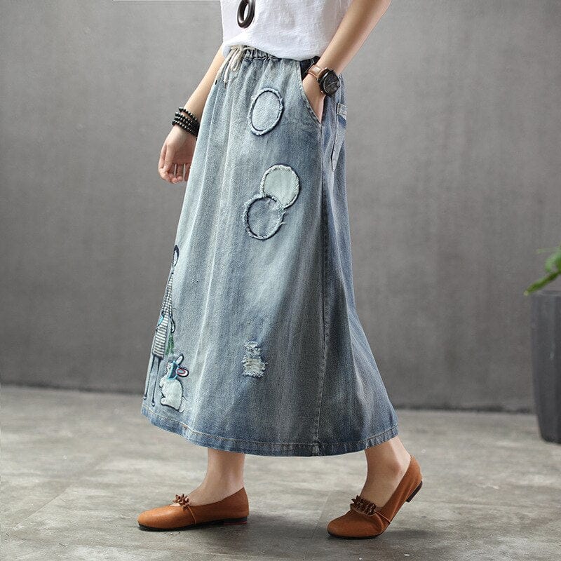 Embroidered Patchwork Kawaii Denim Skirt