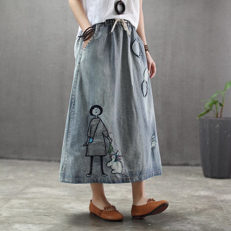 Embroidered Patchwork Kawaii Denim Skirt