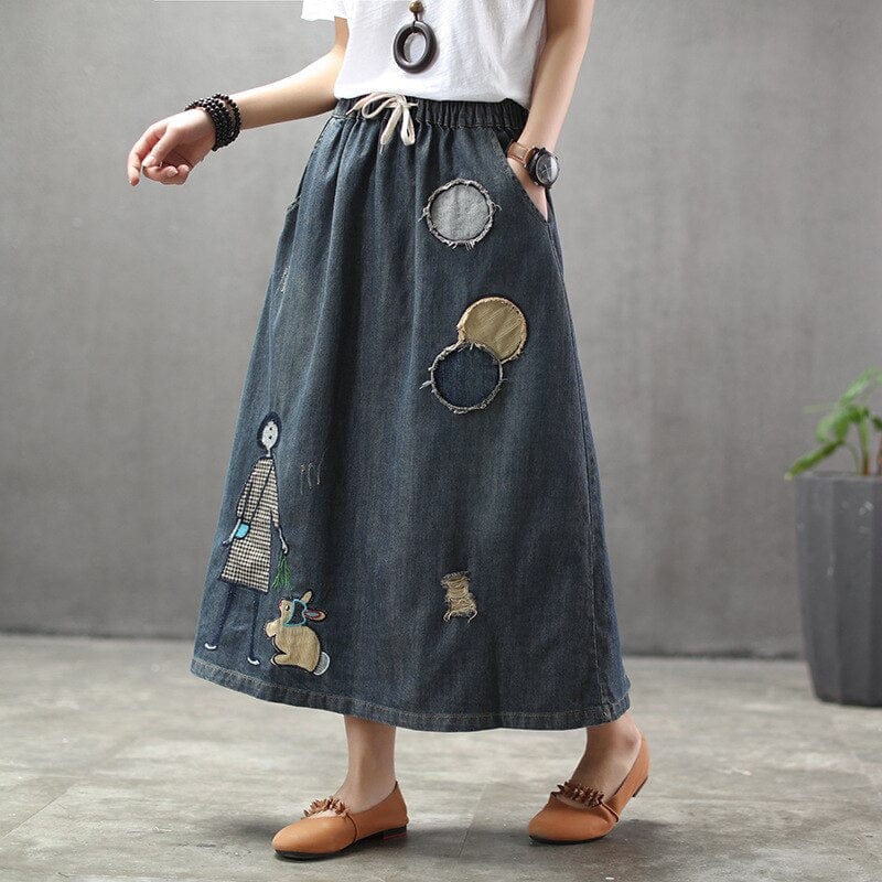 Embroidered Patchwork Kawaii Denim Skirt