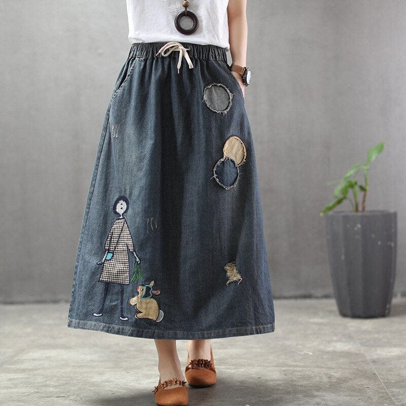 Embroidered Patchwork Kawaii Denim Skirt