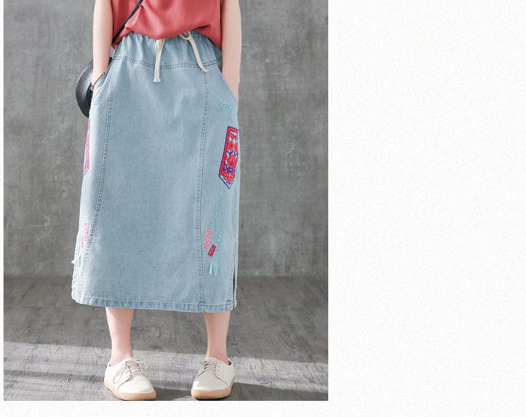 Embroidered Vintage Denim Skirt