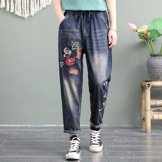 Cartoon Embroidery Retro Denim Jeans