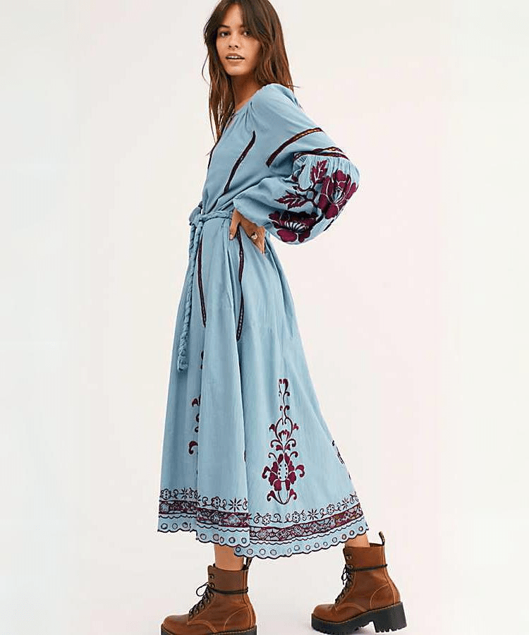 Boho Chic Blue & Red Embroidered Dress