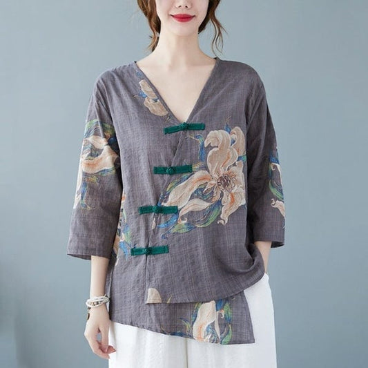 Floral Cotton Linen Oversized Blouse