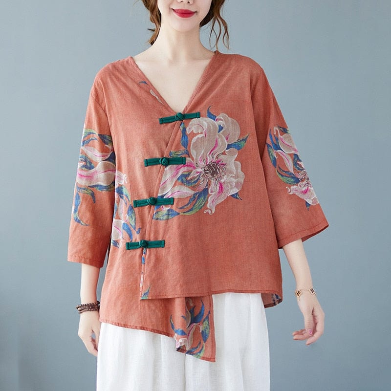 Floral Cotton Linen Oversized Blouse