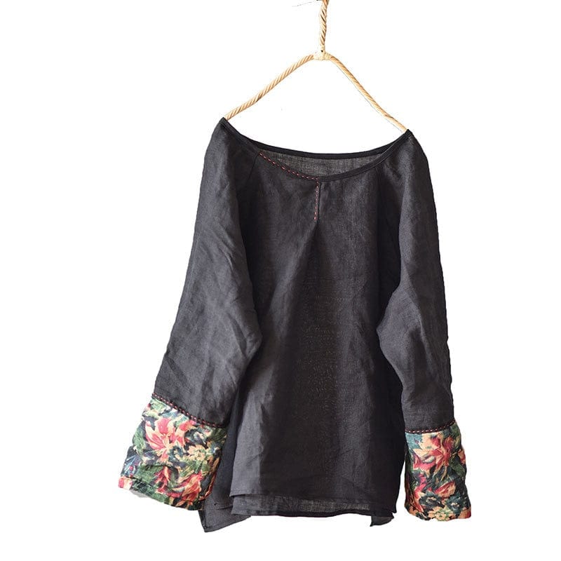 Loose Retro Patchwork Ramie Blouse