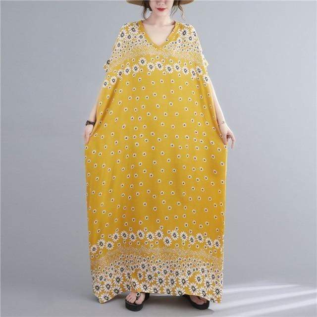 Ochre Yellow Floral Kaftan Dress