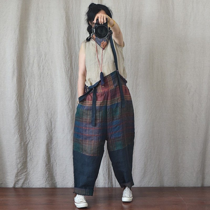 Patchwork Linen Suspenders Pants