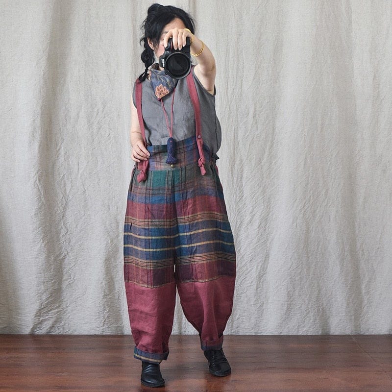 Patchwork Linen Suspenders Pants