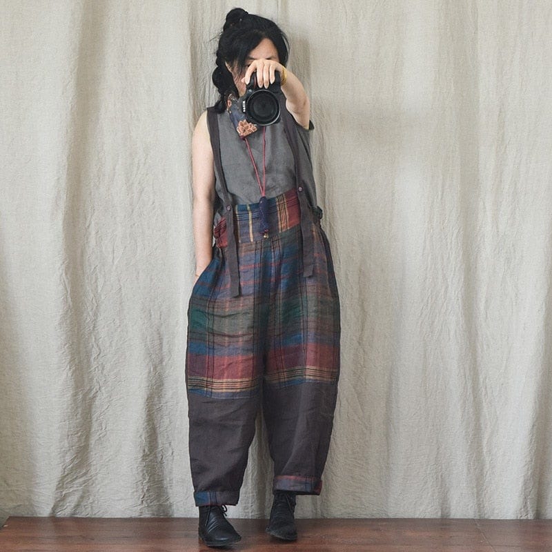 Patchwork Linen Suspenders Pants