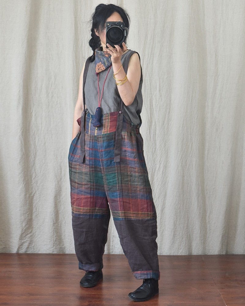 Patchwork Linen Suspenders Pants