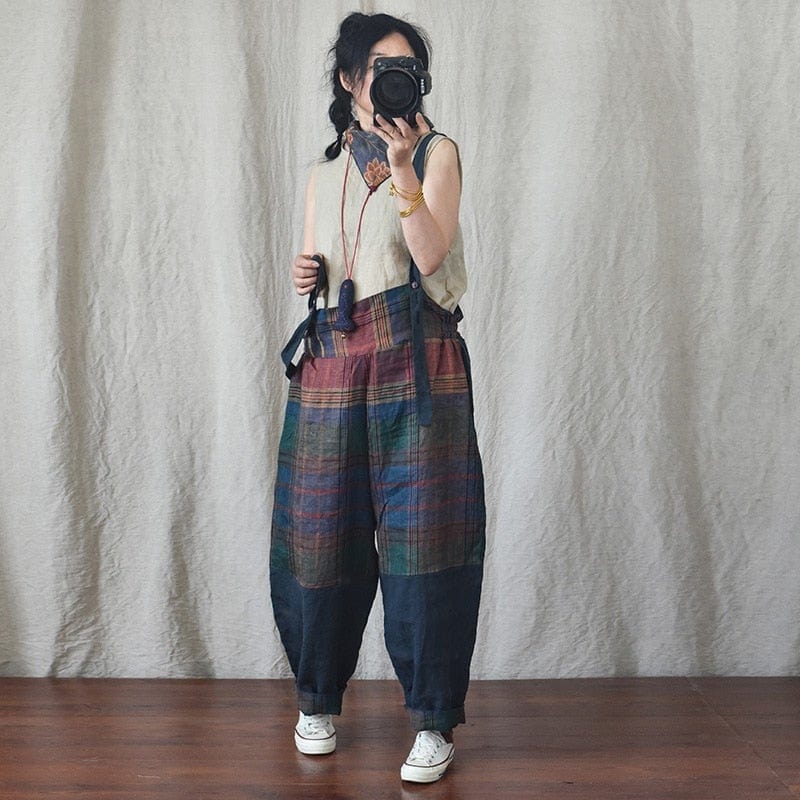 Patchwork Linen Suspenders Pants