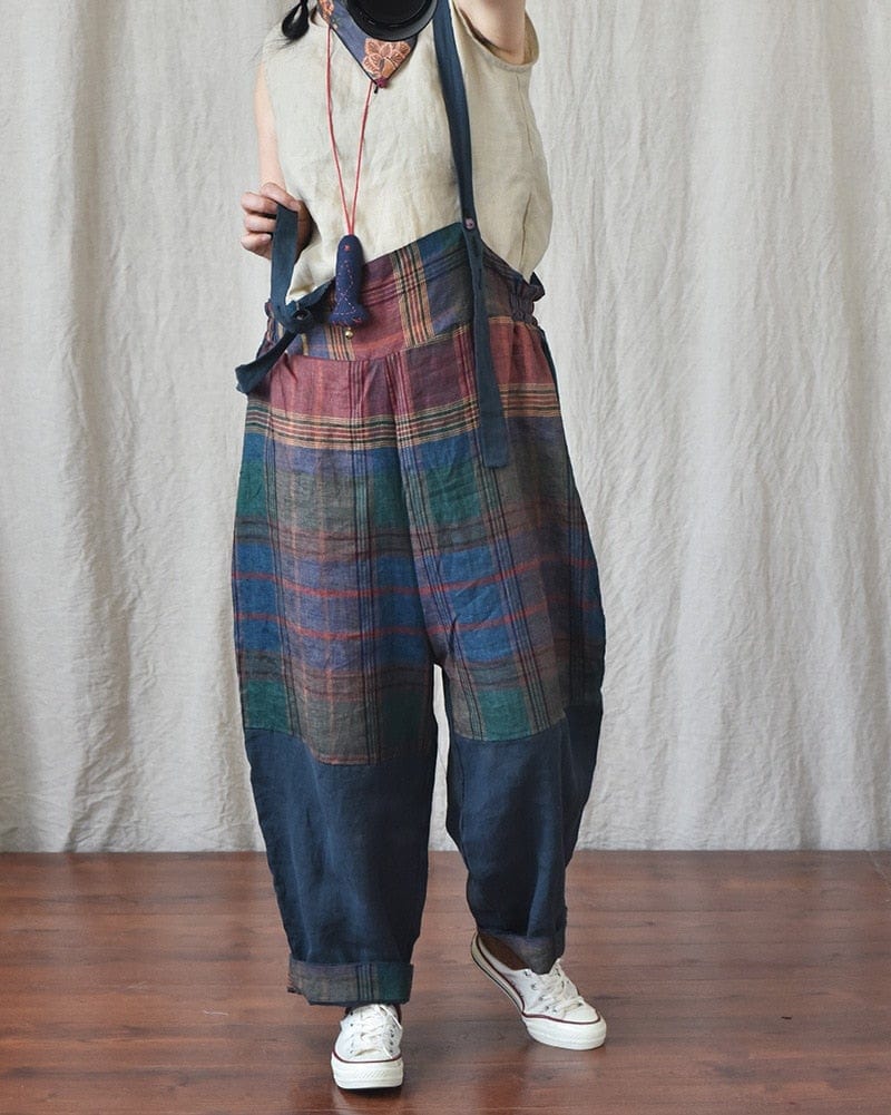 Patchwork Linen Suspenders Pants