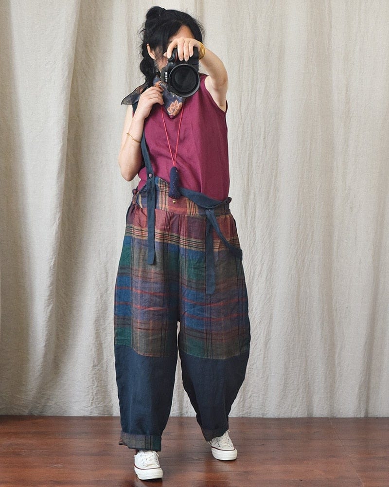 Patchwork Linen Suspenders Pants