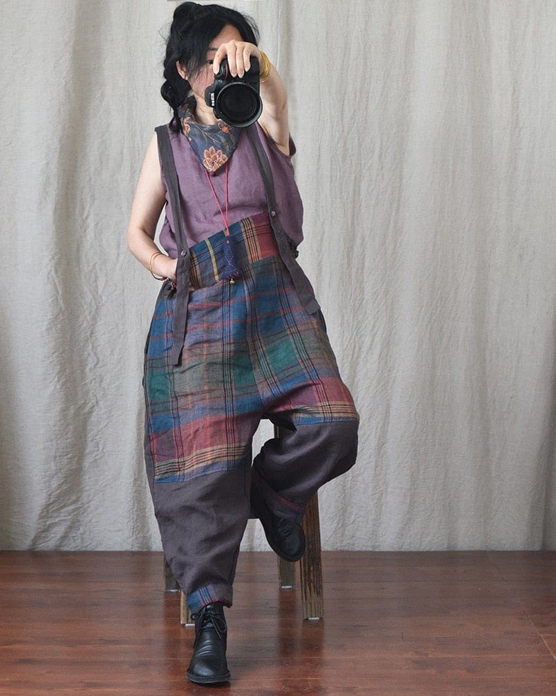 Patchwork Linen Suspenders Pants