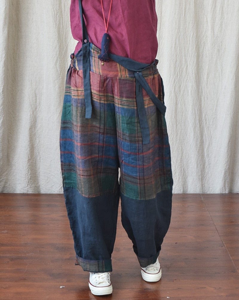 Patchwork Linen Suspenders Pants